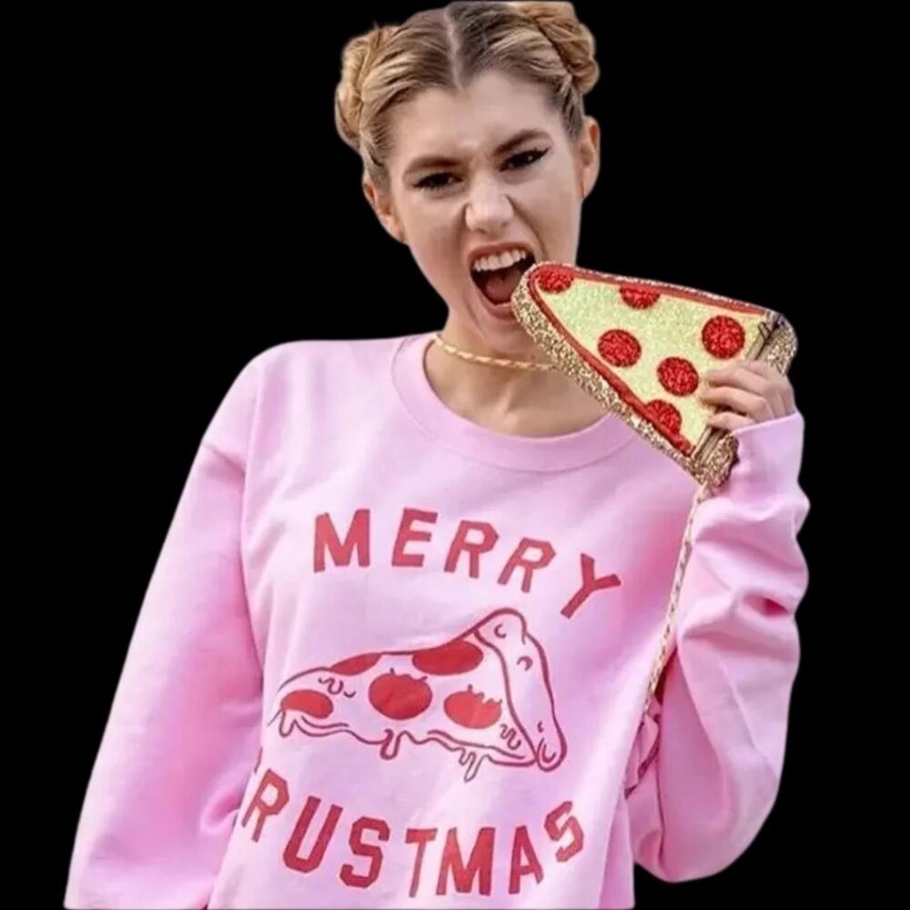 Merry Crustmas Pink and Red Pizza Crewneck Novelty Sweatshirt‎ Unisex Size Large